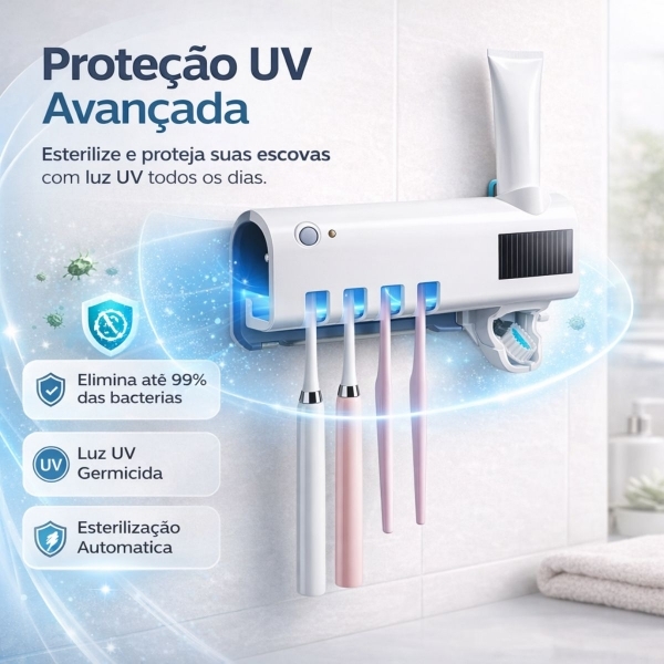 Porta Escova Esterilizador UV Dispenser Pasta Automático