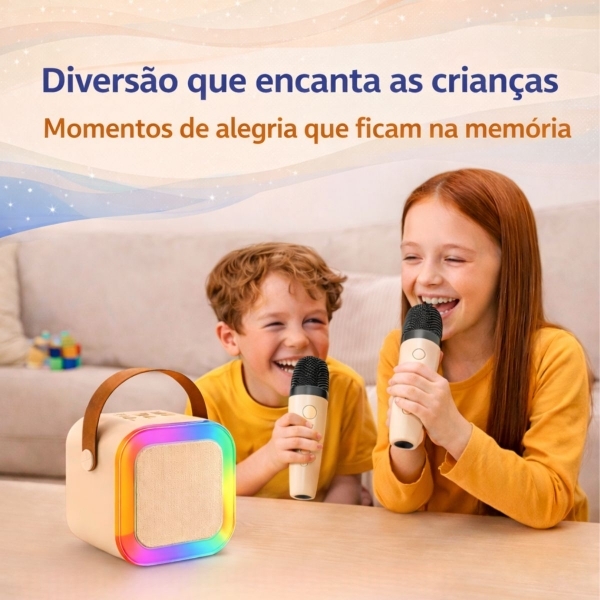 Mini Caixa Som Karaokê Bluetooth Infantil 2 Microfones LED