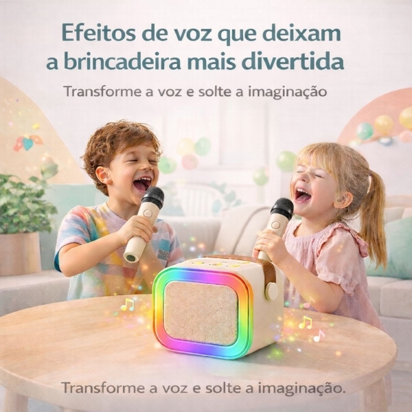 Mini Caixa Som Karaokê Bluetooth Infantil 2 Microfones LED