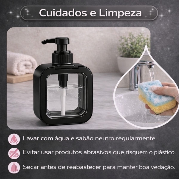 Dispenser Sabonete Líquido 300ml Quadrado Banheiro Cozinha - Preto