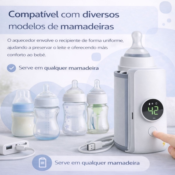 Aquecedor Mamadeira Portátil USB Recarregável com Visor LCD