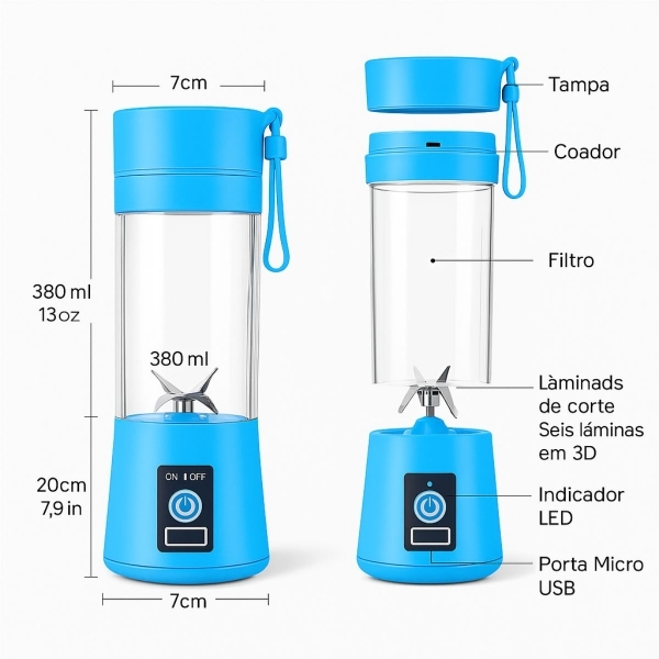 Mini Liquidificador Portátil Recarregável 380ML 6 Laminas - Azul
