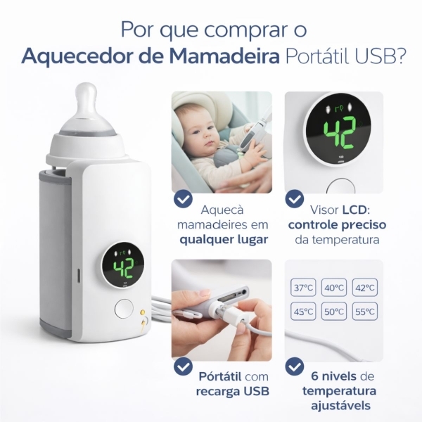 Aquecedor Mamadeira Portátil USB Recarregável com Visor LCD