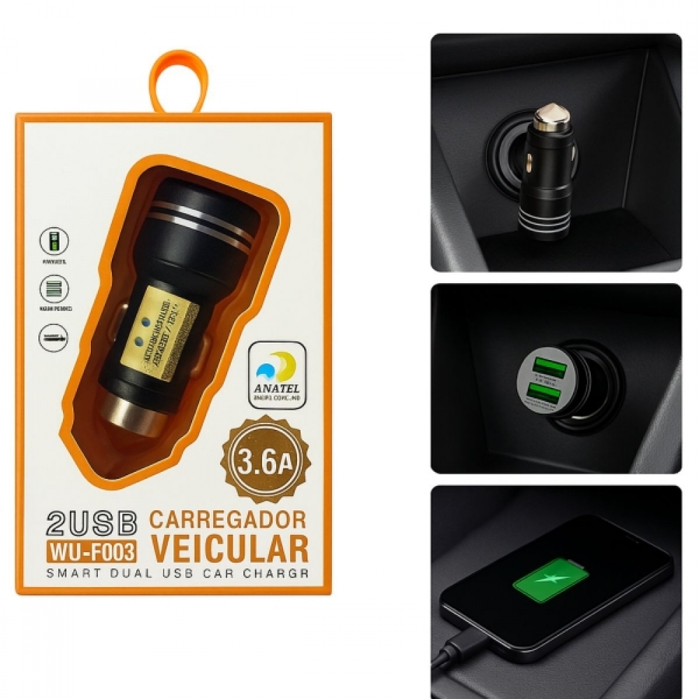 Carregador Veicular USB Duplo 2 Portas Rápido 12V