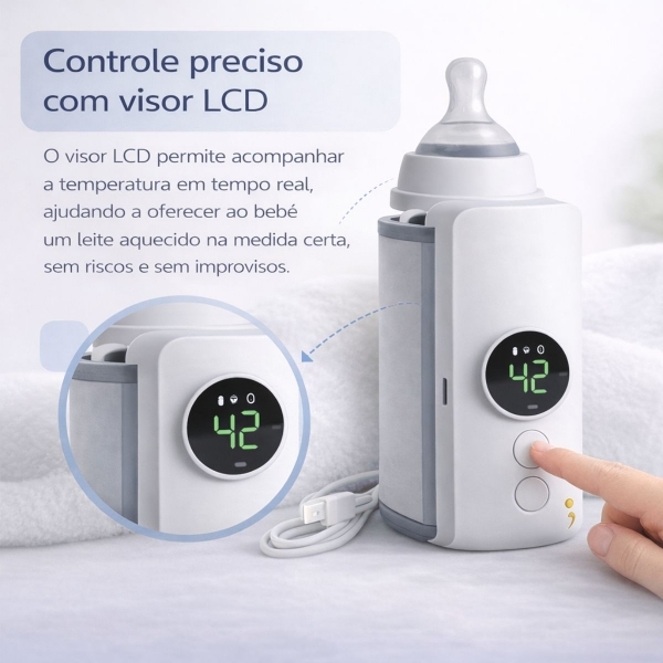 Aquecedor Mamadeira Portátil USB Recarregável com Visor LCD