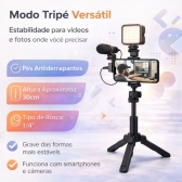 Kit Gravação 5 em 1 Tripé Microfone LED Controle Bluetooth