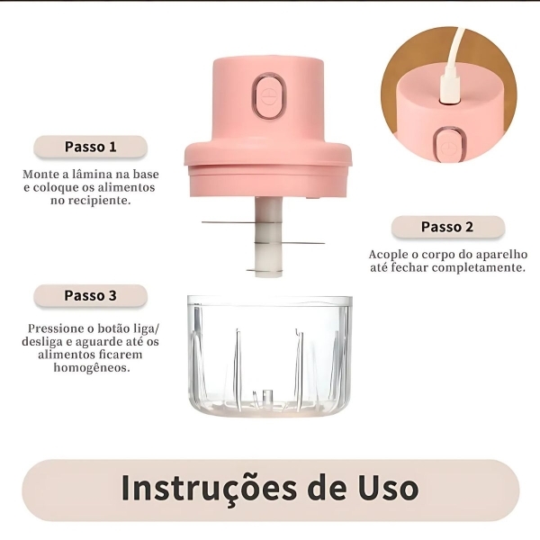 Mini Processador Moedor De Alimentos 250ml 3 Lâminas Usb