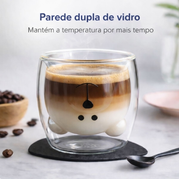 Copo Urso Vidro Duplo 250ml Café Chá Leite Parede Dupla