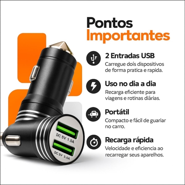 Carregador Veicular USB Duplo 2 Portas Rápido 12V