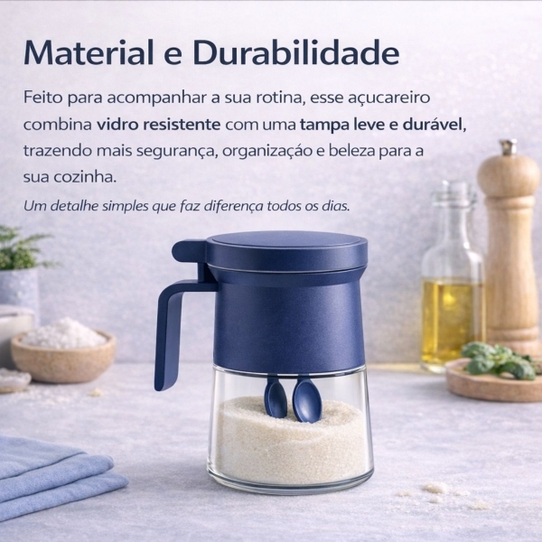 Açucareiro de Vidro 350ml com Tampa Vedada e Colher Azul e Cinza - Azul escuro