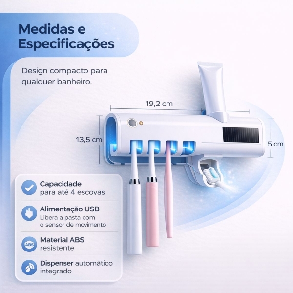 Porta Escova Esterilizador UV Dispenser Pasta Automático