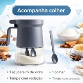 Açucareiro de Vidro 350ml com Tampa Vedada e Colher Azul e Cinza - Cinza