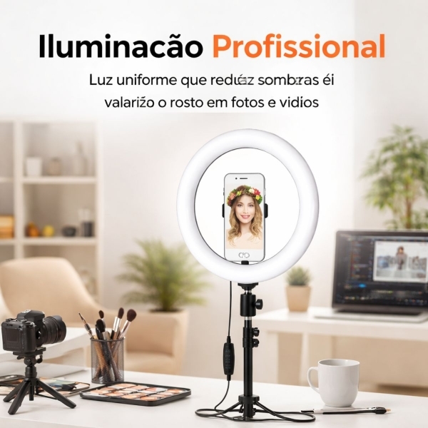 Ring Light LED 26cm com Tripé 2,10m USB Bivolt 360° Celular