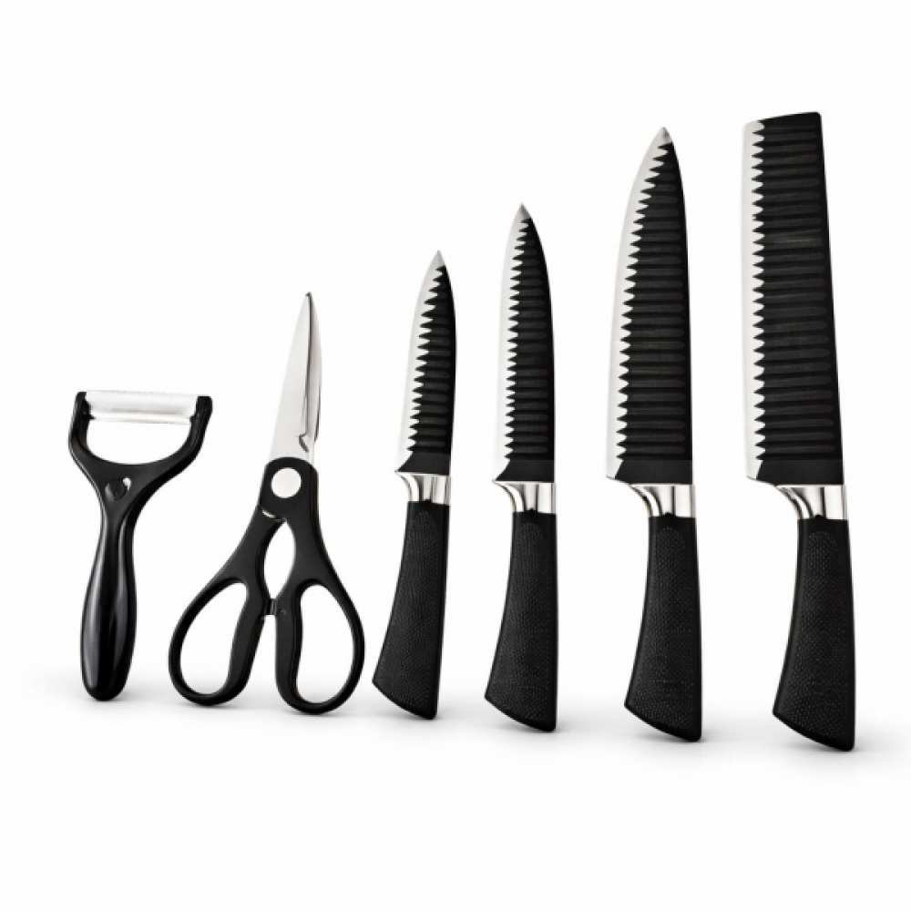 Kit Facas Cozinha 6 Peças Aço Inox Com Tesoura e Descascador