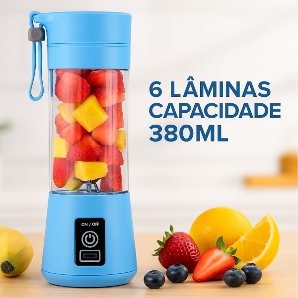 Mini Liquidificador Portátil Recarregável 380ML 6 Laminas - Azul