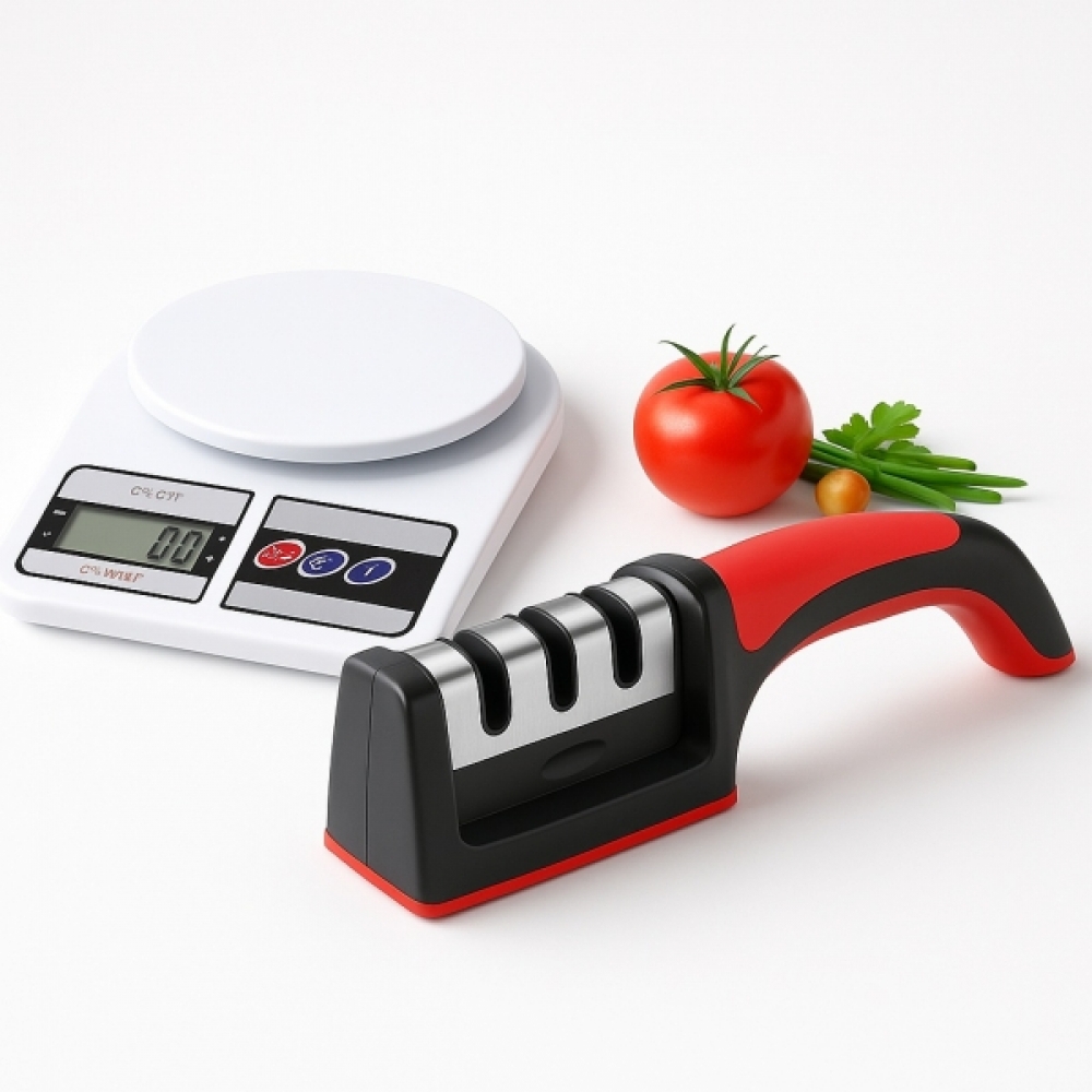 Kit Balança de Cozinha 10kg e Amolador de Facas Profissional
