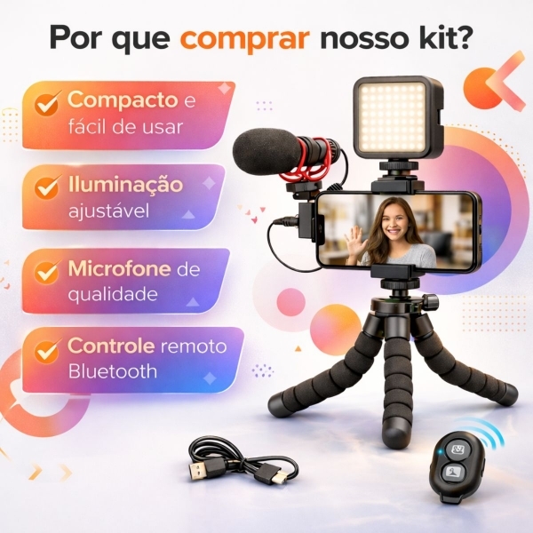 Kit Gravação 5 em 1 Tripé Microfone LED Controle Bluetooth