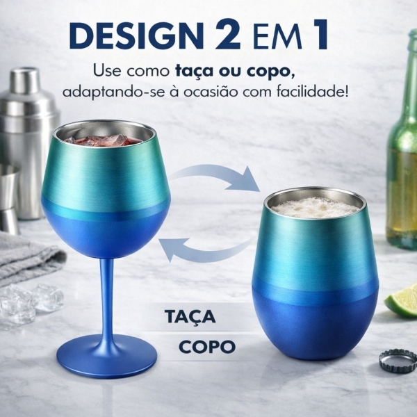 Copo Térmico 2 em 1 Aço Inox 400ml Taça Bebida Fria Quente - Azul Cromado
