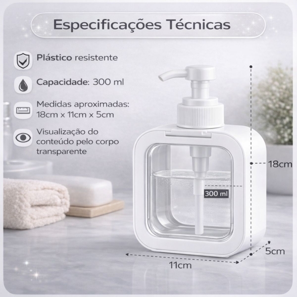 Dispenser Sabonete Líquido 300ml Quadrado Banheiro Cozinha - Branco
