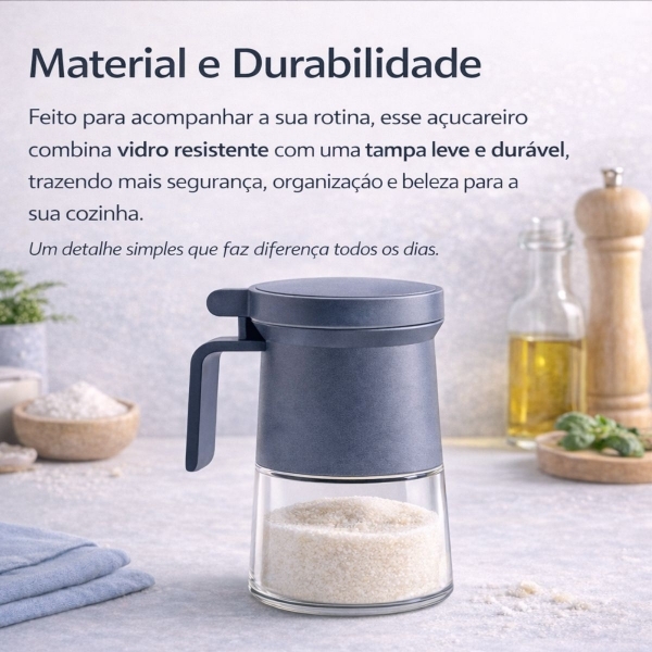 Açucareiro de Vidro 350ml com Tampa Vedada e Colher Azul e Cinza - Cinza