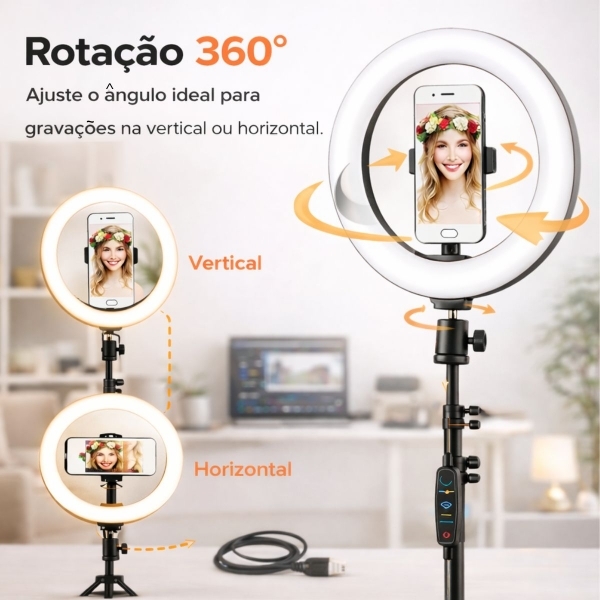 Ring Light LED 26cm com Tripé 2,10m USB Bivolt 360° Celular