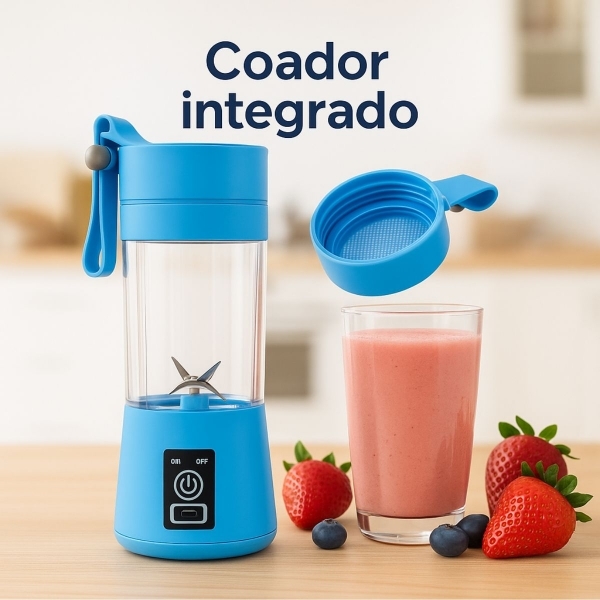 Mini Liquidificador Portátil Recarregável 380ML 6 Laminas - Azul