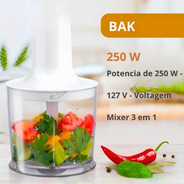 Mixer Portatil 3x1 250w Batedor Potente Triturador Bak -110v