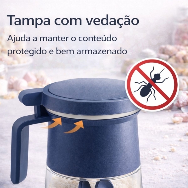 Açucareiro de Vidro 350ml com Tampa Vedada e Colher Azul e Cinza - Azul escuro