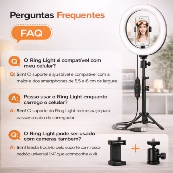 Ring Light LED 26cm com Tripé 2,10m USB Bivolt 360° Celular