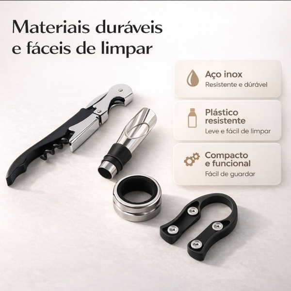Kit Acessórios para Vinho 5 Peças Saca Rolhas e Dosador