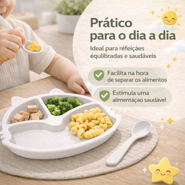 Prato Infantil Com Divisorias Flor Garfo E Colher BPA Free - Gato Branco