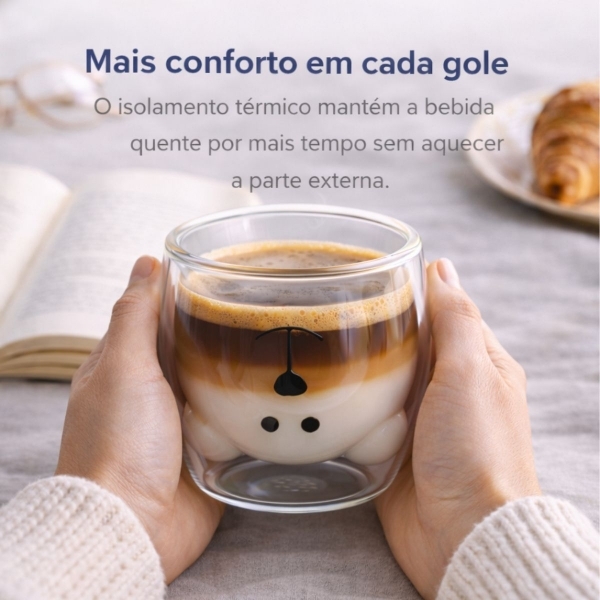 Copo Urso Vidro Duplo 250ml Café Chá Leite Parede Dupla