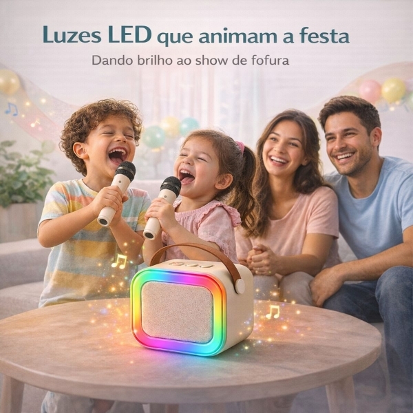 Mini Caixa Som Karaokê Bluetooth Infantil 2 Microfones LED