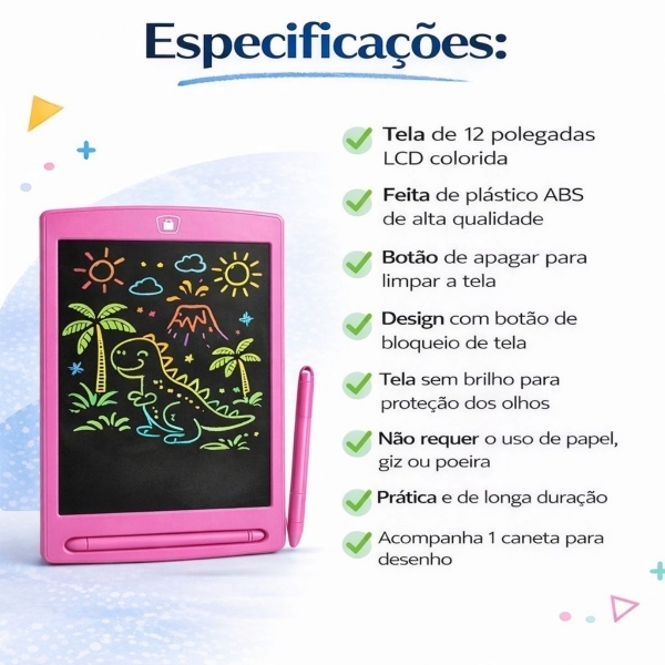 Lousa Mágica Infantil LCD 12 Para Desenhar e Escrever - Rosa