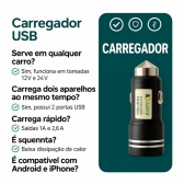 Carregador Veicular USB Duplo 2 Portas Rápido 12V