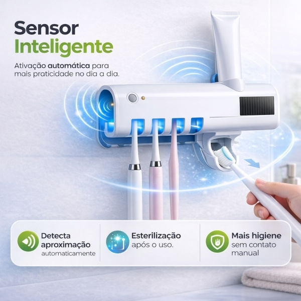 Porta Escova Esterilizador UV Dispenser Pasta Automático