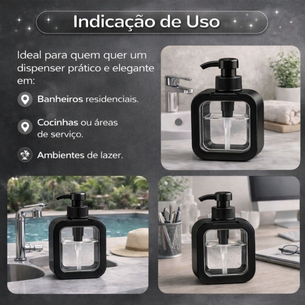 Dispenser Sabonete Líquido 300ml Quadrado Banheiro Cozinha - Preto