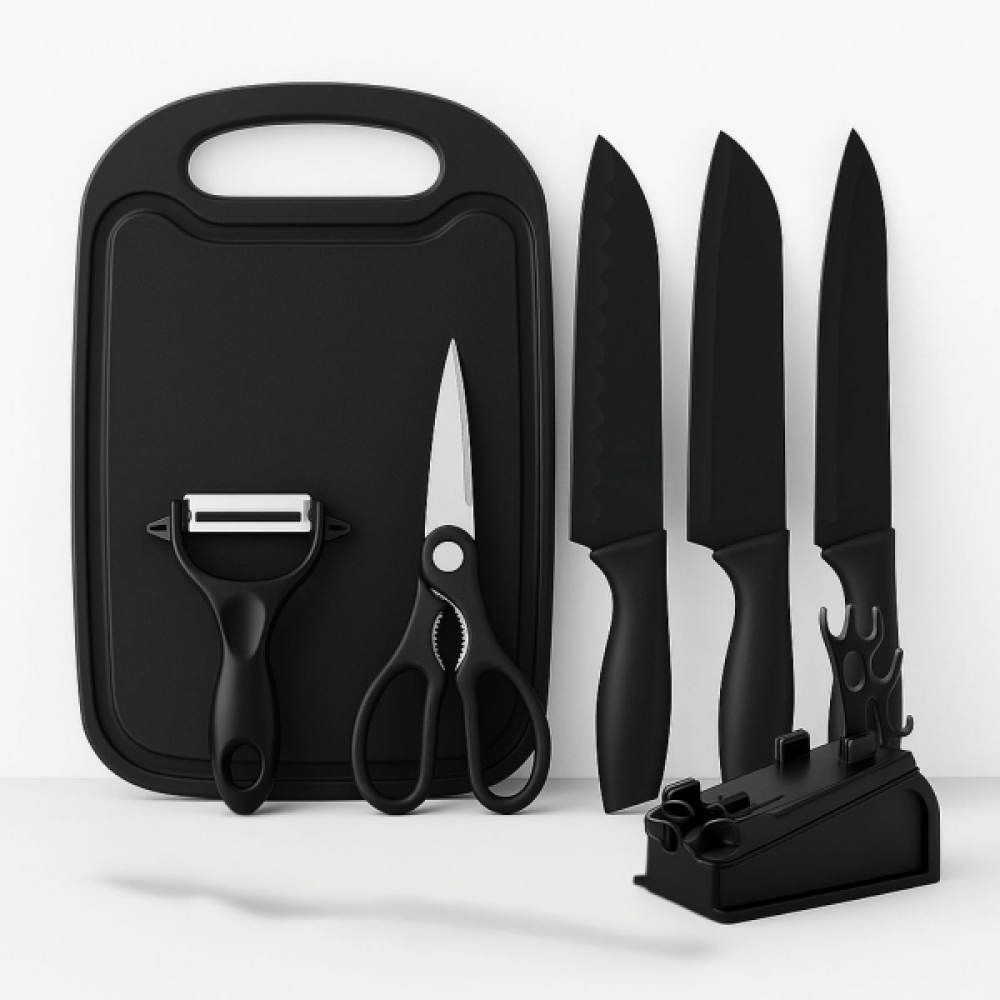 Kit Facas 7 Peças com Tábua Tesoura Descascador Suporte Inox