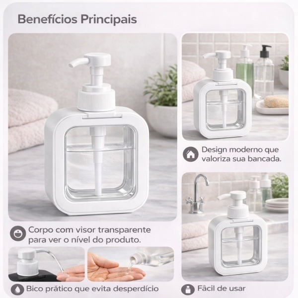 Dispenser Sabonete Líquido 300ml Quadrado Banheiro Cozinha - Branco