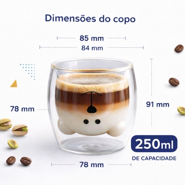 Copo Urso Vidro Duplo 250ml Café Chá Leite Parede Dupla