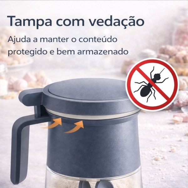 Açucareiro de Vidro 350ml com Tampa Vedada e Colher Azul e Cinza - Cinza