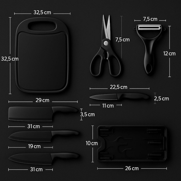 Kit Facas 7 Peças com Tábua Tesoura Descascador Suporte Inox