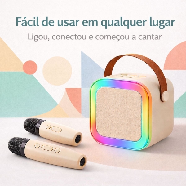 Mini Caixa Som Karaokê Bluetooth Infantil 2 Microfones LED