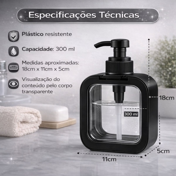 Dispenser Sabonete Líquido 300ml Quadrado Banheiro Cozinha - Preto