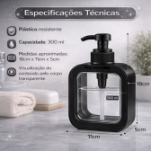 Dispenser Sabonete Líquido 300ml Quadrado Banheiro Cozinha - Preto