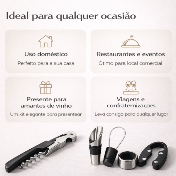 Kit Acessórios para Vinho 5 Peças Saca Rolhas e Dosador