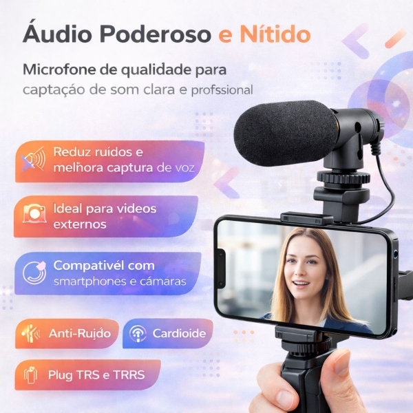 Kit Gravação 5 em 1 Tripé Microfone LED Controle Bluetooth