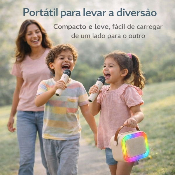 Mini Caixa Som Karaokê Bluetooth Infantil 2 Microfones LED
