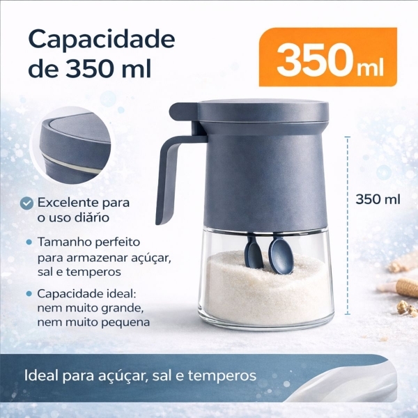 Açucareiro de Vidro 350ml com Tampa Vedada e Colher Azul e Cinza - Cinza