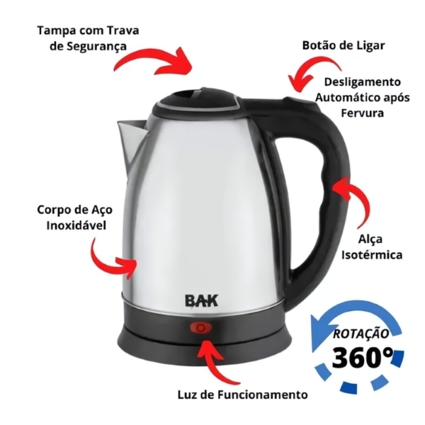 Chaleira Elétrica Inox 1,8 Litros Jarra Bule BAK Cor Prata
